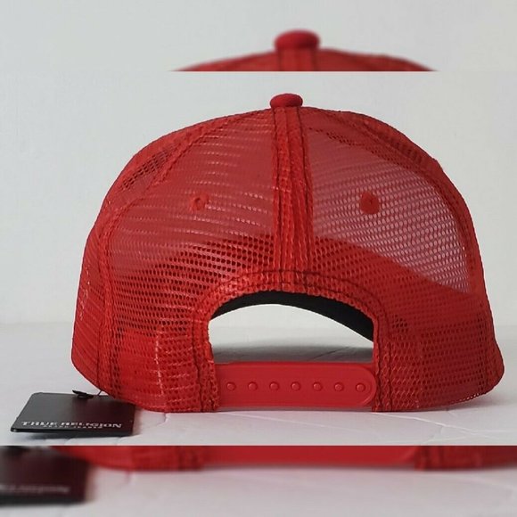 TRUE RELIGION ALLOVER HORSESHOE TRUE TRUCKER HAT MEN'S ADJUSTABLE OS BLACK/RED - Picture 4 of 10